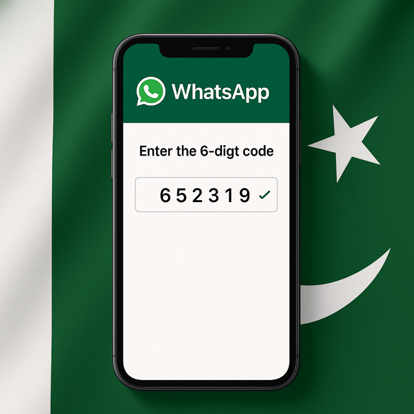 Free virtual WhatsApp number in Pakistan with OTP verification screen