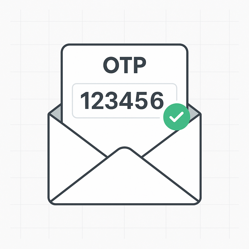 Sobre de correo con tarjeta de código OTP 123456 y marca de verificación verde — recepción de contraseña de un solo uso en línea