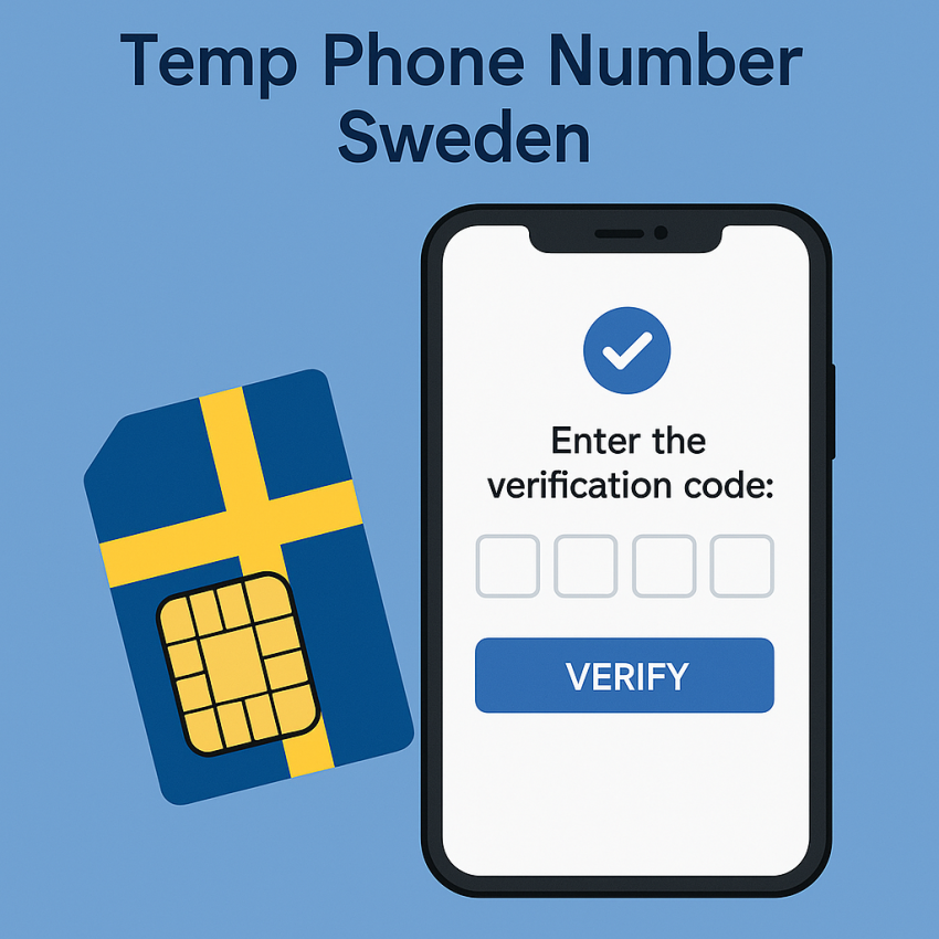 Illustration of a Swedish SIM card and smartphone showing OTP verification with text: Temp Phone Number Sweden