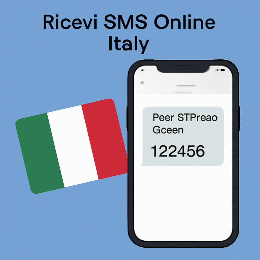 Grafica con un telefono che mostra un SMS OTP e una bandiera italiana con testo: Ricevi SMS Online Italy