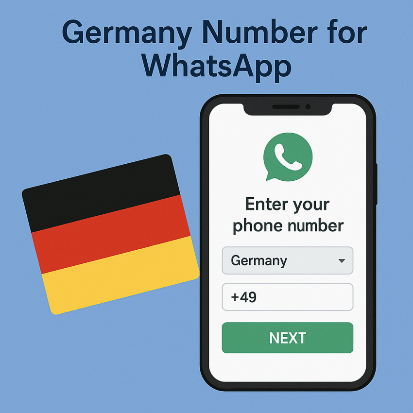 Illustration of a smartphone with WhatsApp verification screen and a German flag, text: Germany Number for WhatsApp