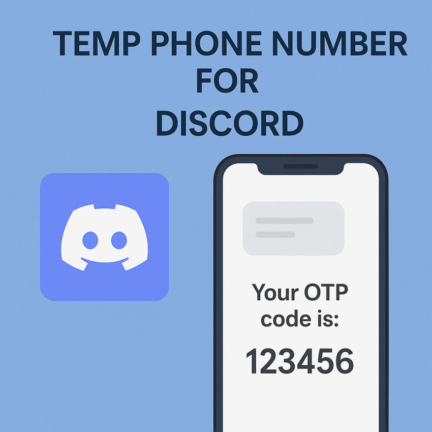 Smartphone screen with Discord logo and OTP SMS code showing temp phone number for verification