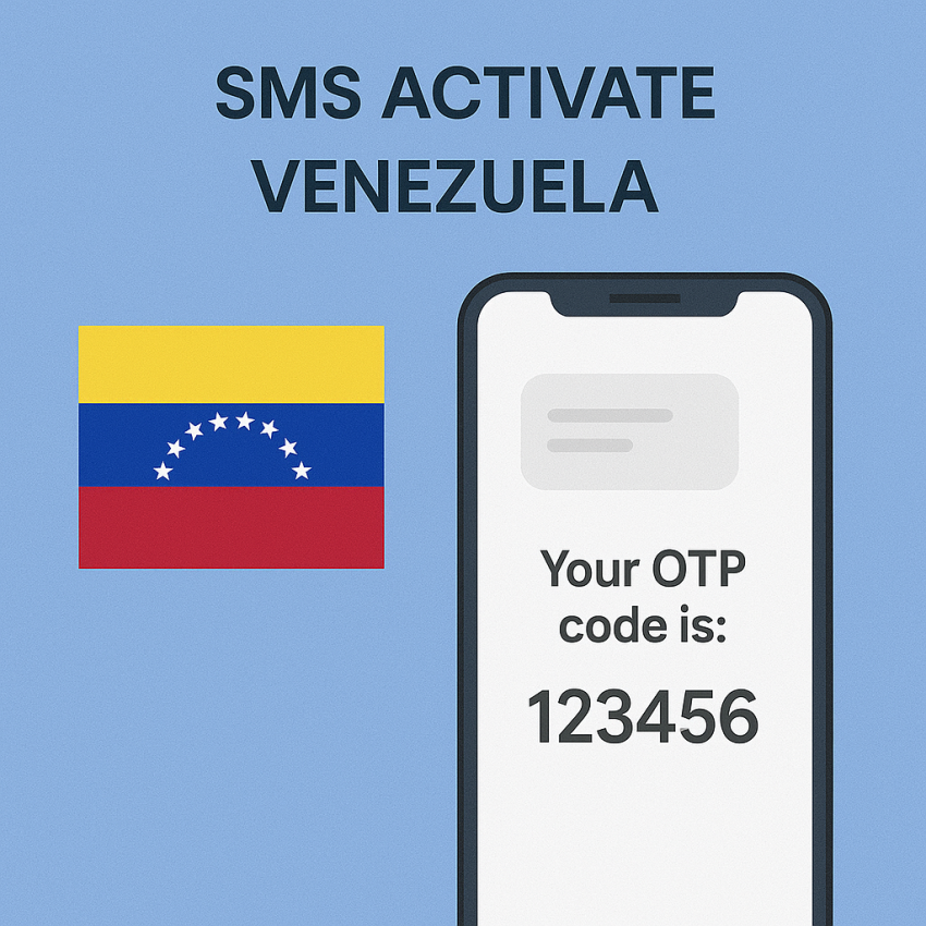 Phone screen showing OTP SMS with Venezuelan flag, text: SMS Activate Venezuela