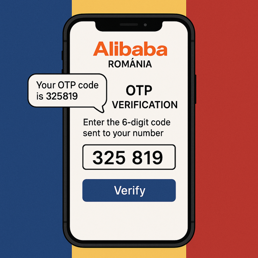 Phone screen showing Alibaba Romania OTP verification with Romanian flag