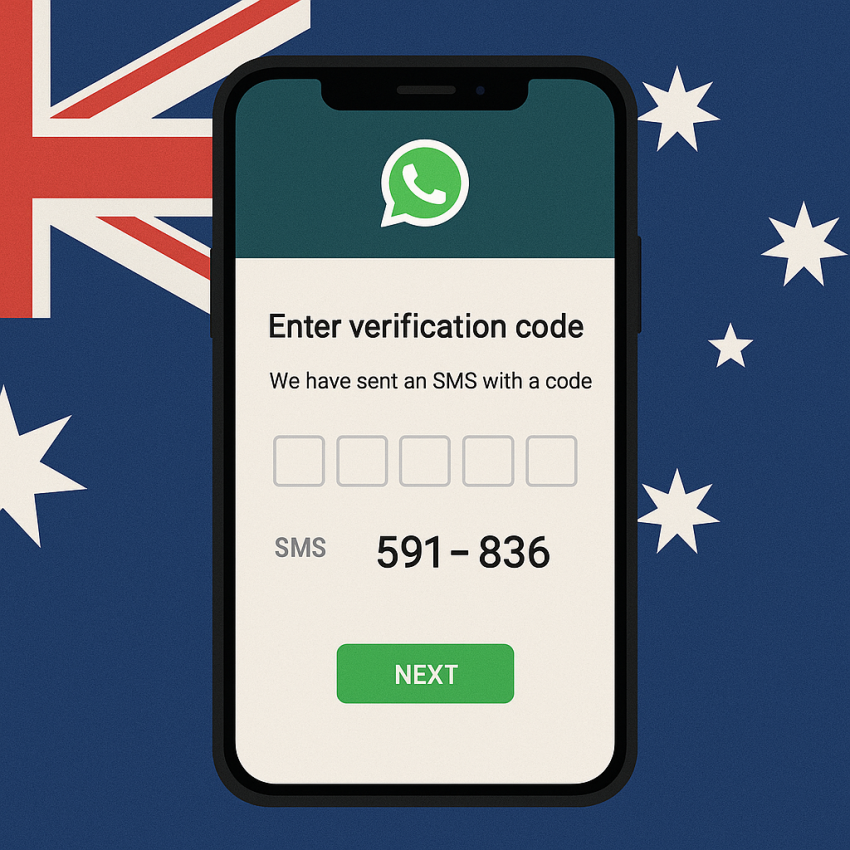 Phone screen with Australian flag showing WhatsApp OTP code for Australia Number