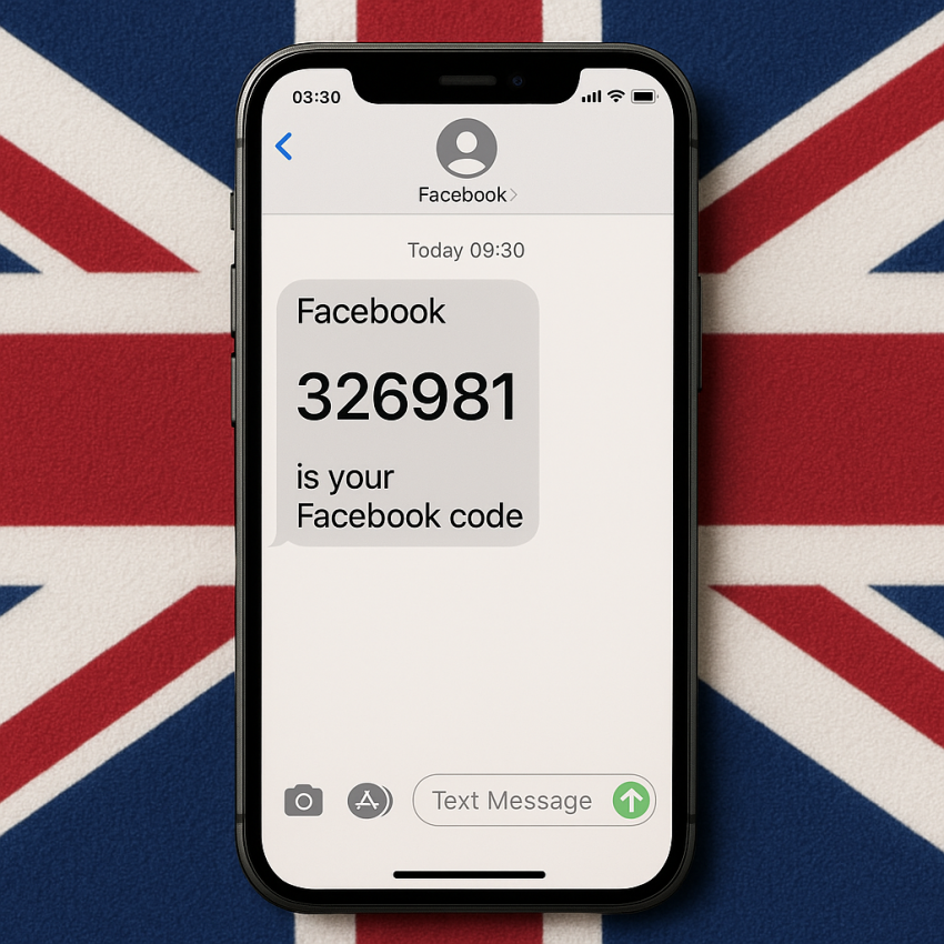 Phone screen with UK flag showing Facebook verification OTP
