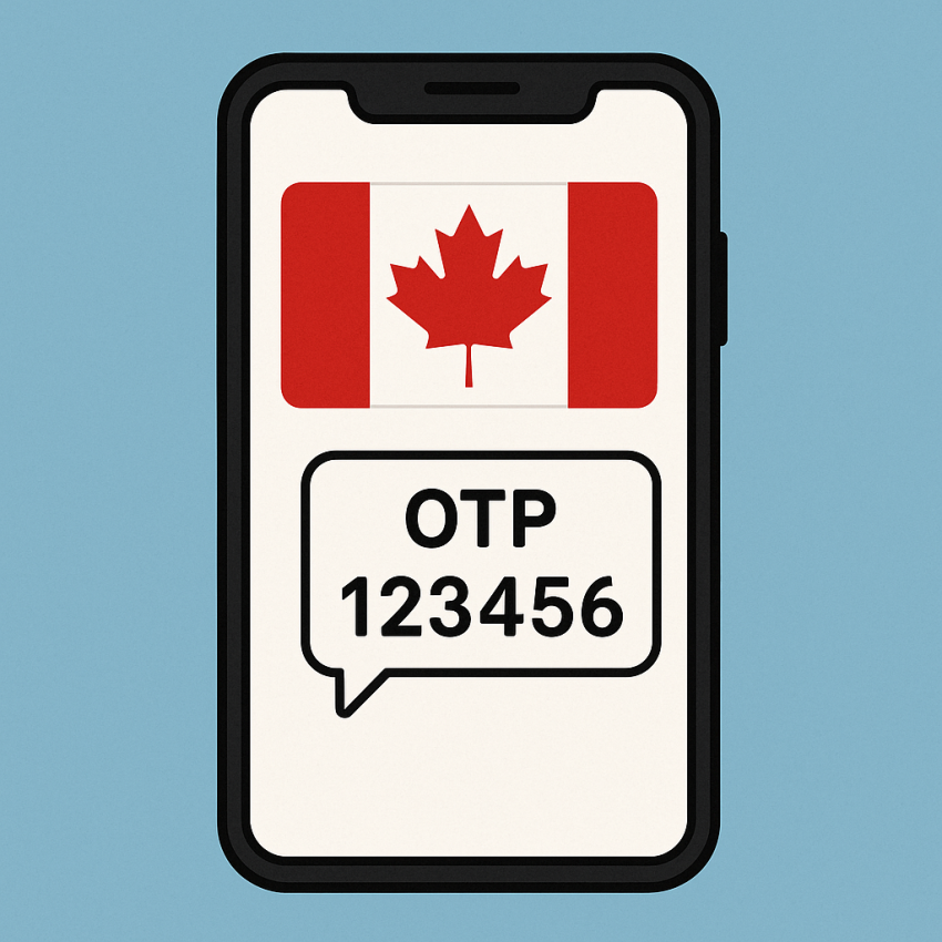 Phone screen showing OTP SMS with Canadian flag for Canada Receive SMS