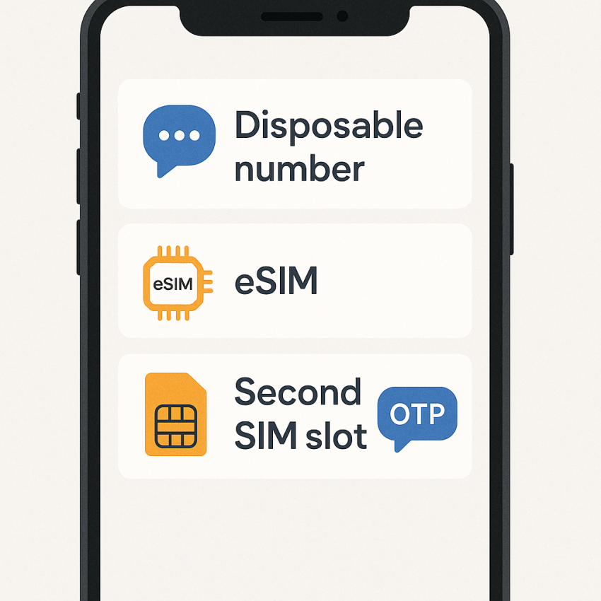 Smartphone screen showing disposable number, eSIM profile, and second SIM options for verification