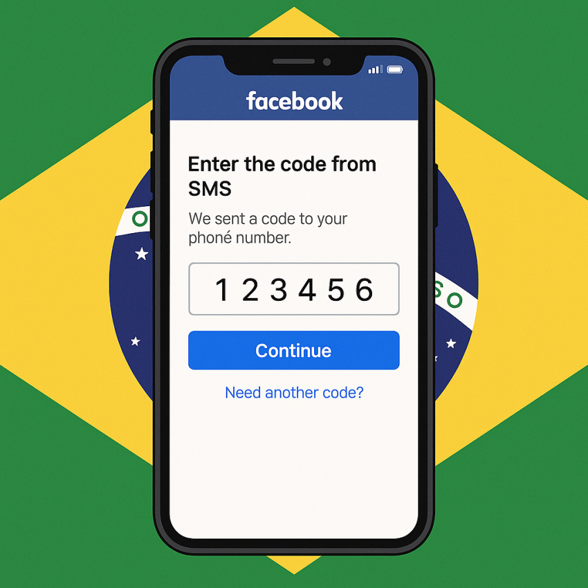 Phone with Brazilian flag showing Facebook verification code