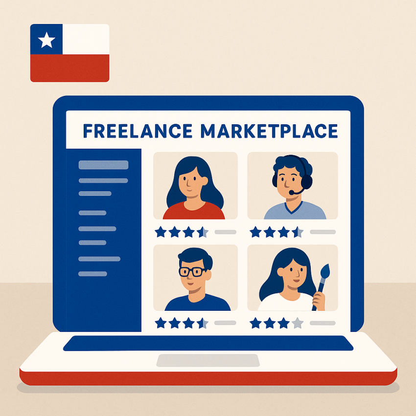 Laptop screen showing Fiverr Chile freelancers marketplace with Chile flag colors