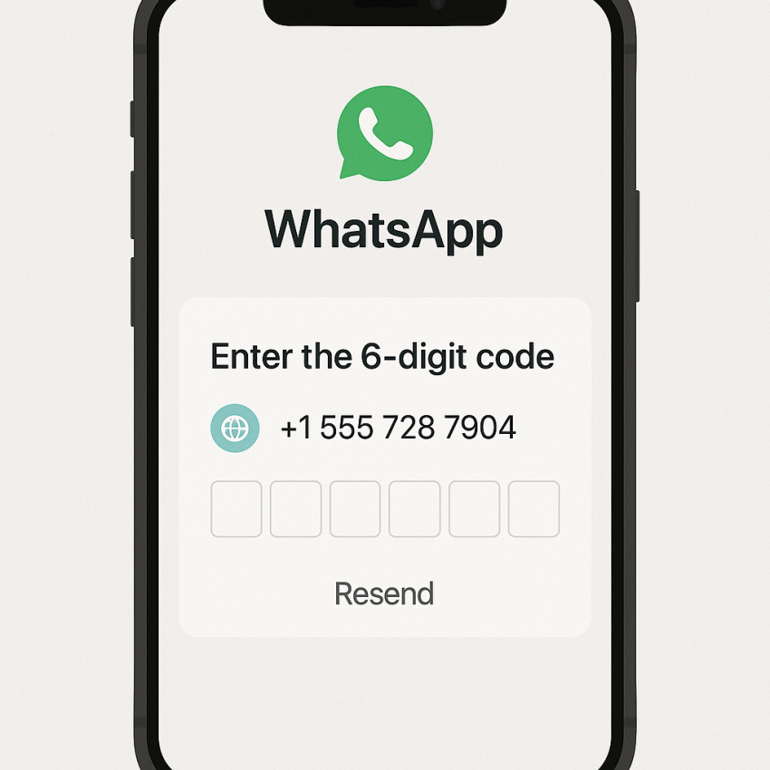 Phone showing WhatsApp with a global virtual number for OTP
