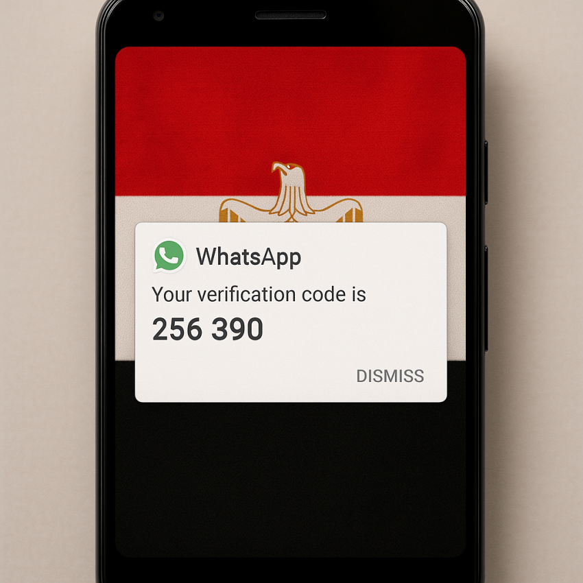 Phone showing WhatsApp OTP verification with Egyptian flag background