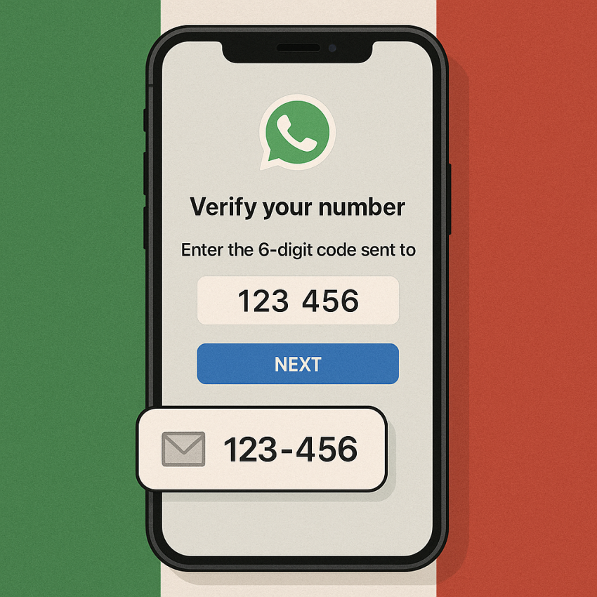 Phone screen with Italian flag showing WhatsApp OTP code for Italy temporary number