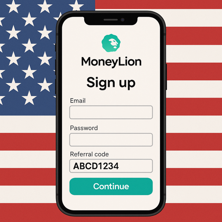 Phone screen showing MoneyLion referral code with US flag background