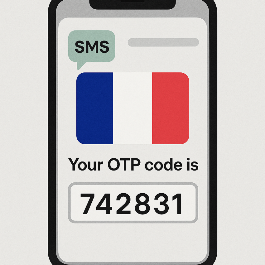 Phone screen with France flag showing OTP code for a temporary phone number