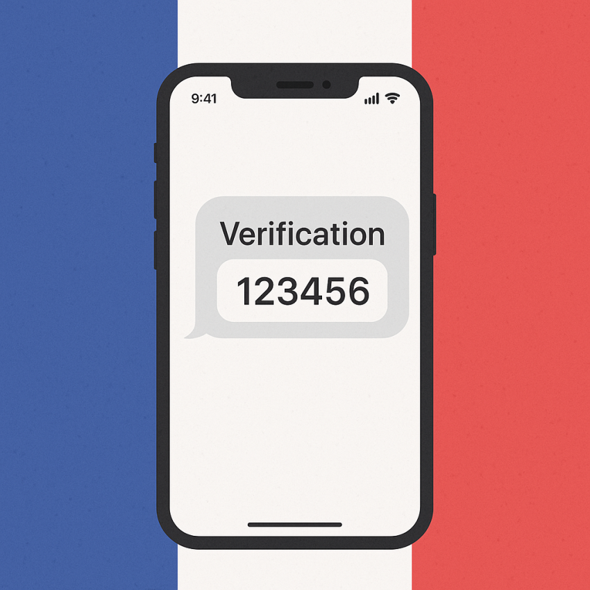 Smartphone showing OTP SMS with French flag background