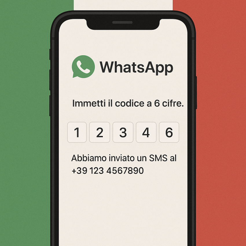 Phone screen with Italian flag showing WhatsApp OTP code for Italy temporary number
