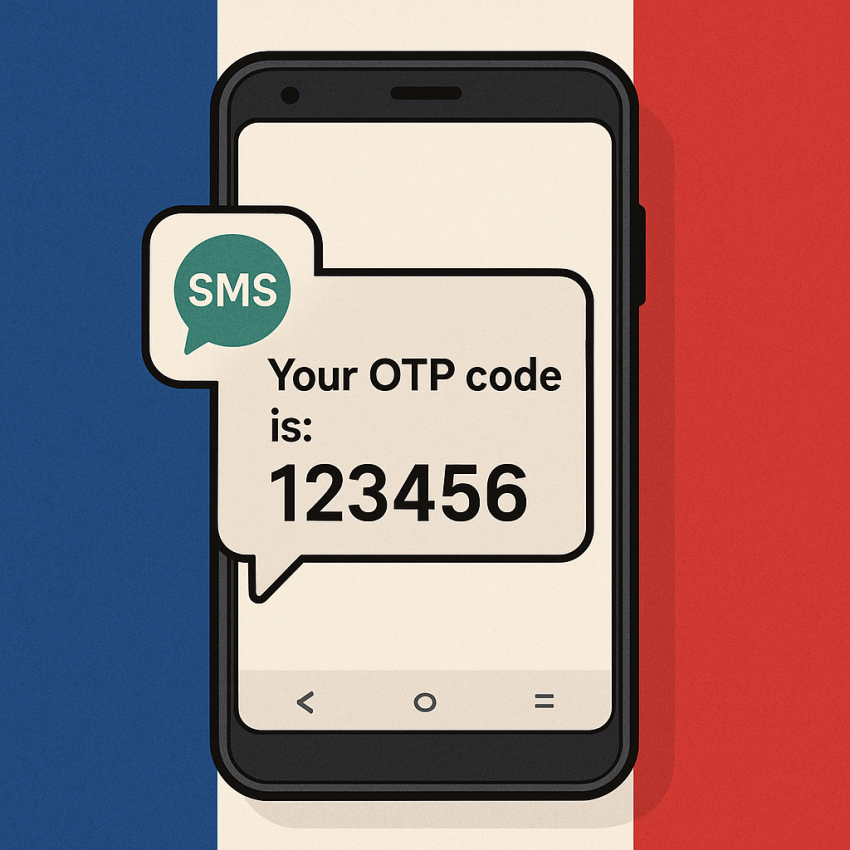 Phone screen showing OTP code with French flag for a France temporary number