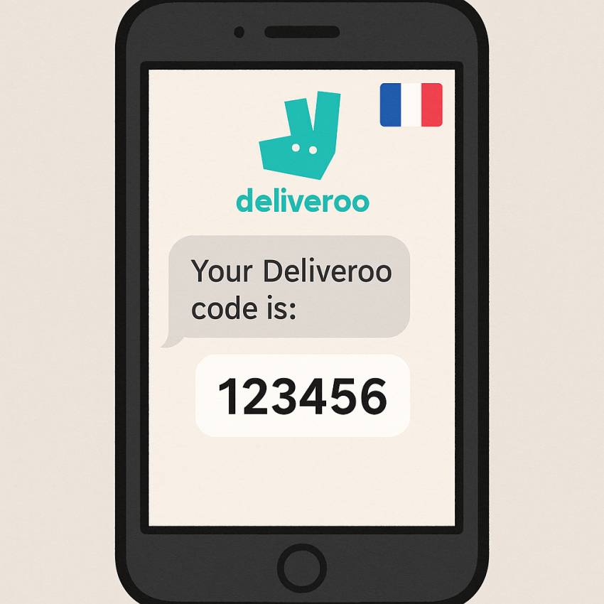 Phone screen showing Deliveroo verification OTP with French flag in background