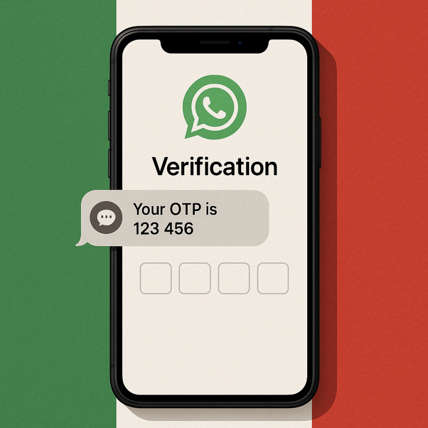 Phone showing WhatsApp OTP on Italian flag background