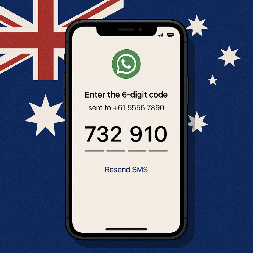 Phone screen with Australian flag showing WhatsApp OTP code for Australia WhatsApp Number