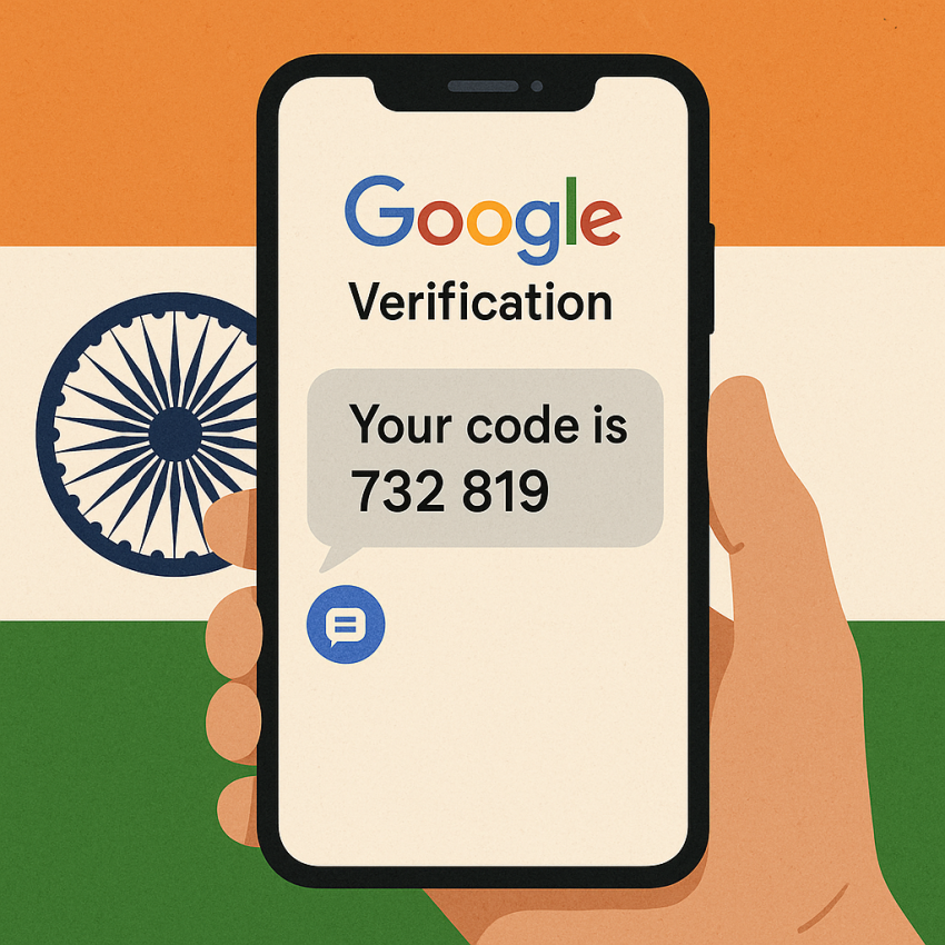 Smartphone showing Google/Gmail verification with an India flag and OTP code