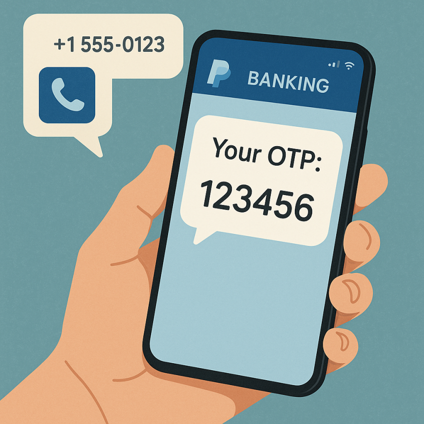 Phone screen receiving a PayPal OTP with a US virtual number