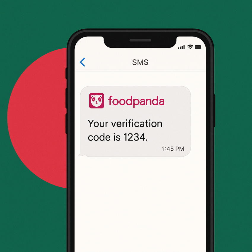 Phone screen showing FoodPanda OTP on Bangladesh flag background