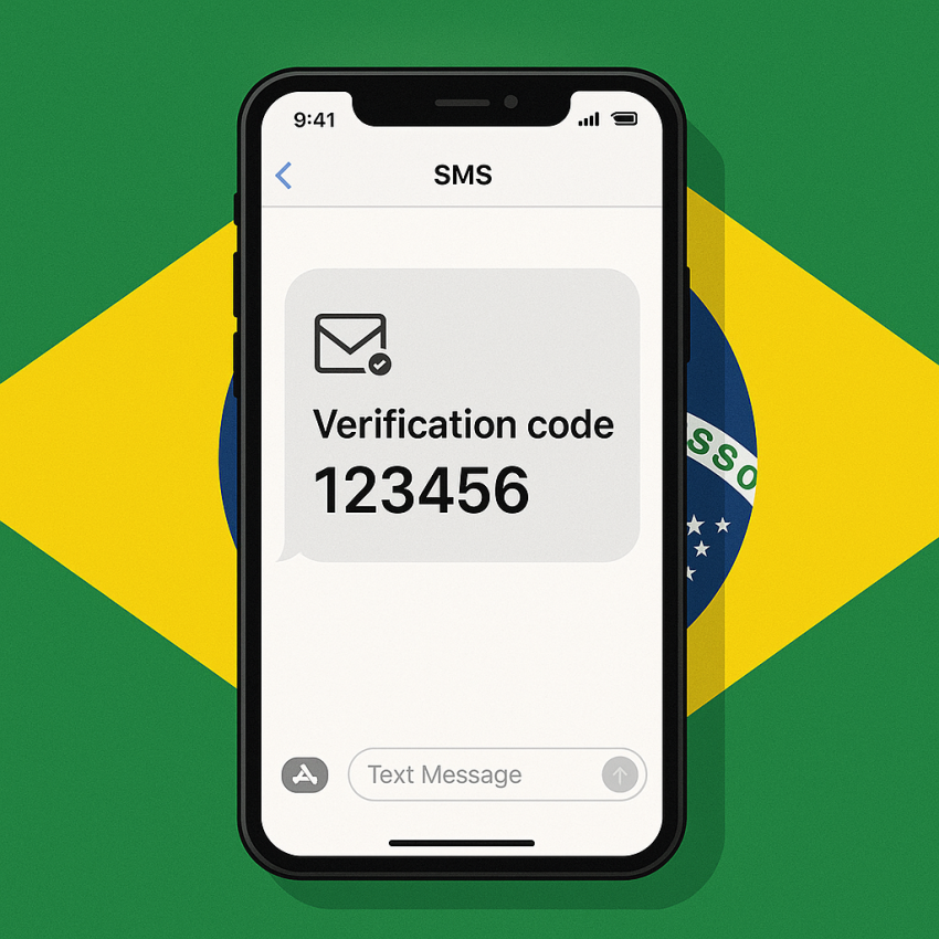 Phone screen showing Brazil flag with OTP SMS for temporary number