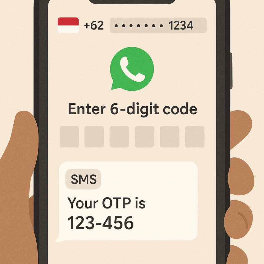 Phone screen with Indonesian flag showing WhatsApp OTP code