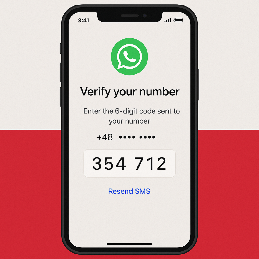 Phone screen showing WhatsApp OTP for tymczasowy numer telefonu in Poland