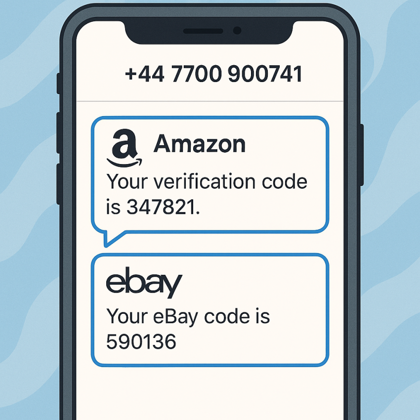 UK phone number illustration for Amazon and eBay verification with OTP