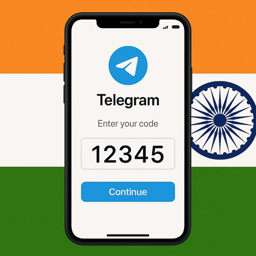 Smartphone displaying Telegram OTP verification with India flag background