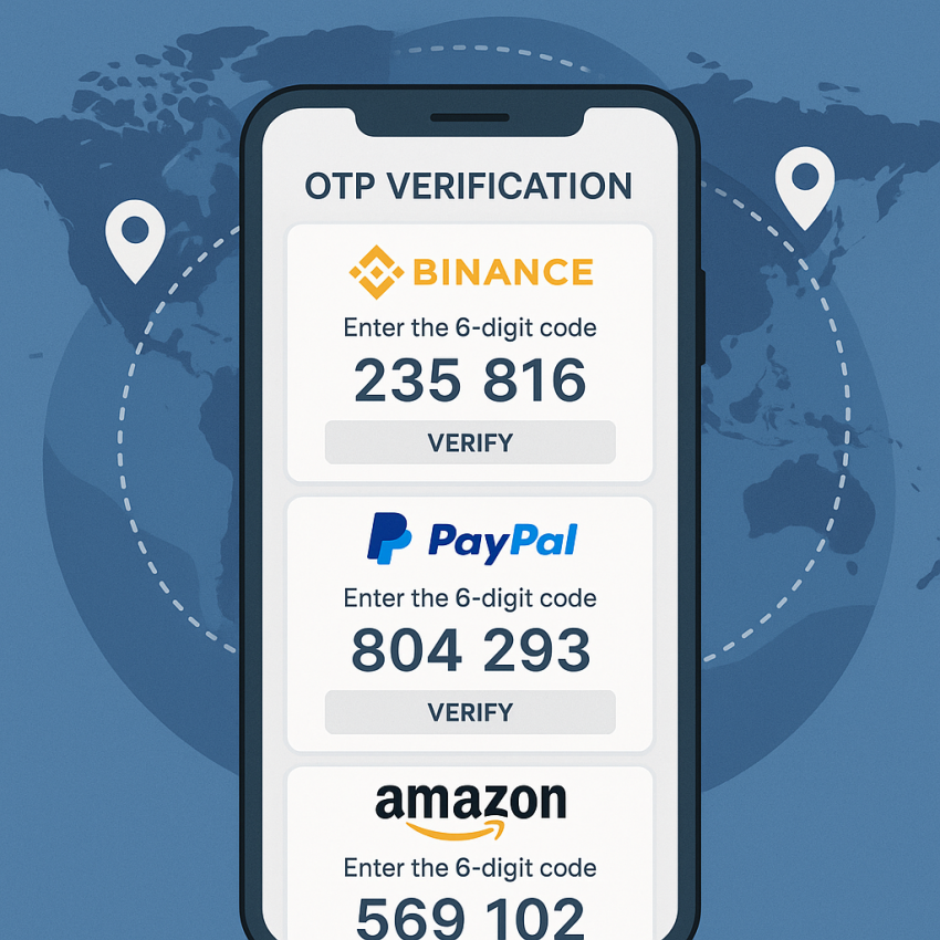 Phone showing OTP verification for Binance, PayPal, and Amazon with temporary numbers