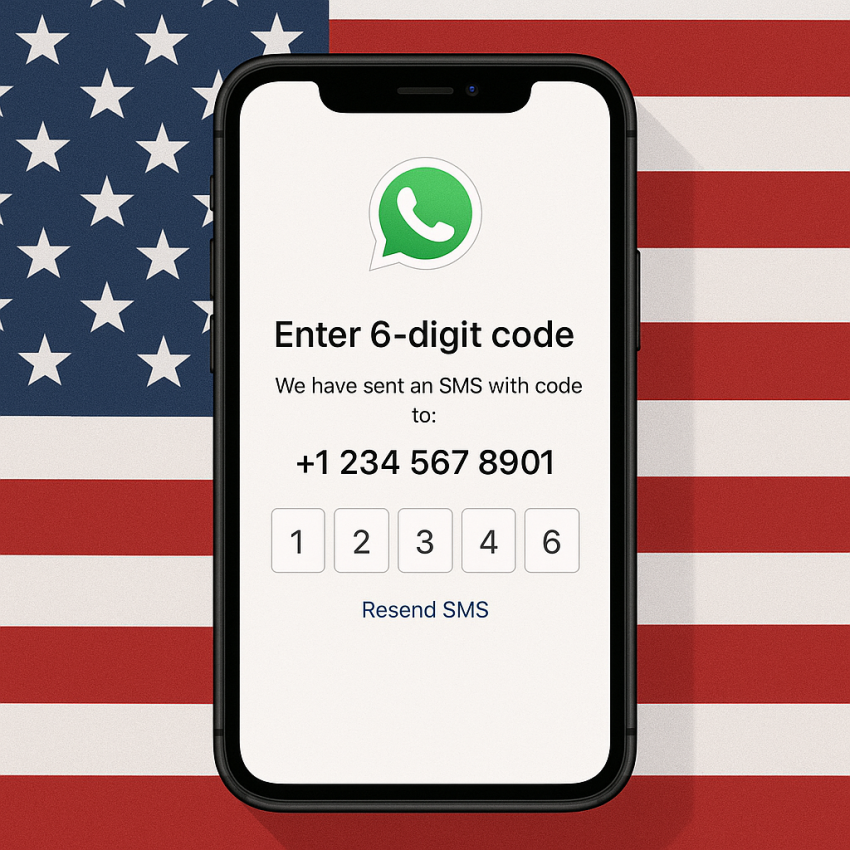 Phone screen showing US numbers for WhatsApp, Telegram, and Gmail verification