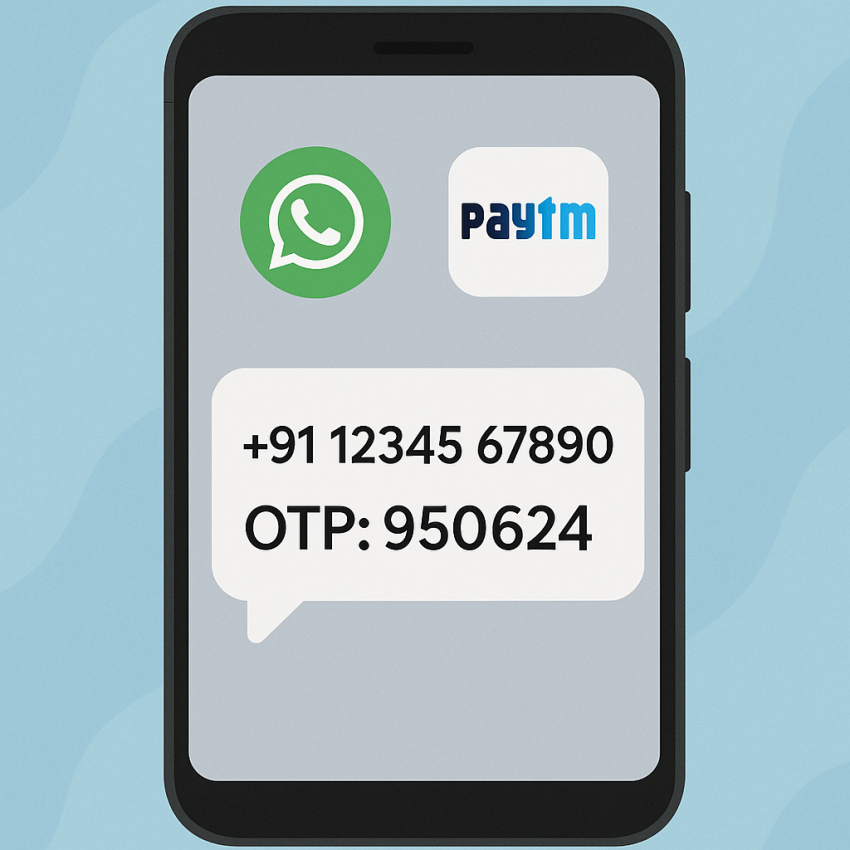 Phone screen with WhatsApp and Paytm icons and OTP SMS for India