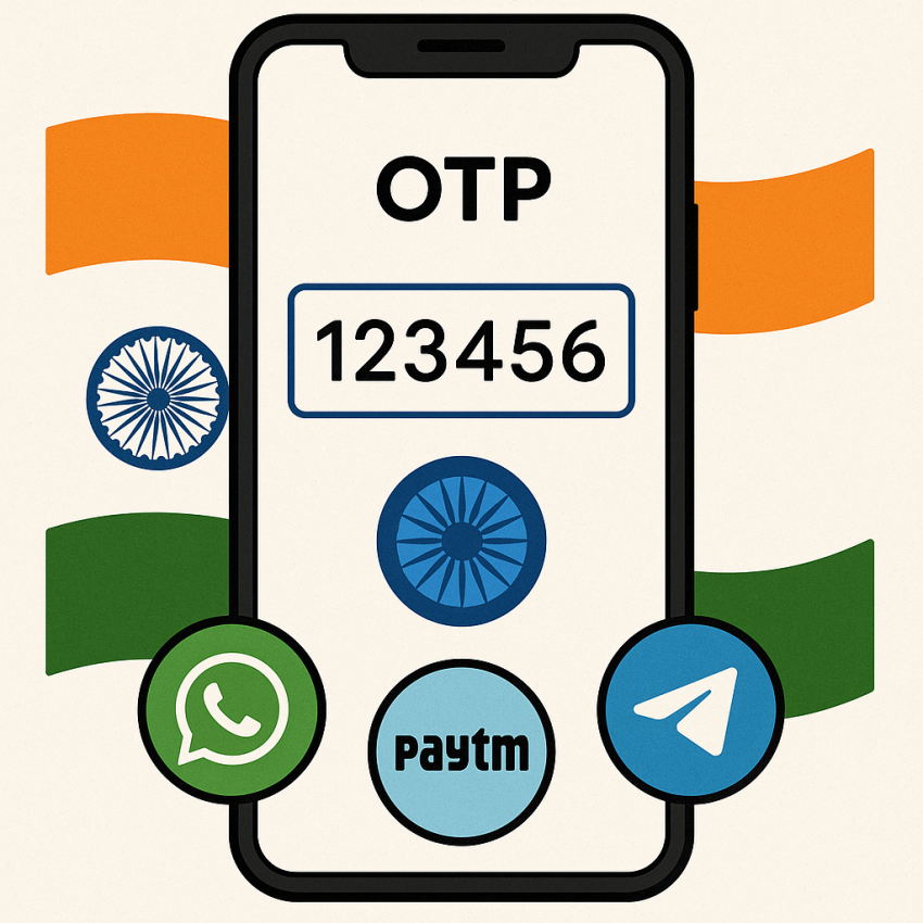 Smartphone screen displaying OTP for WhatsApp, Paytm and Telegram with Indian flag background