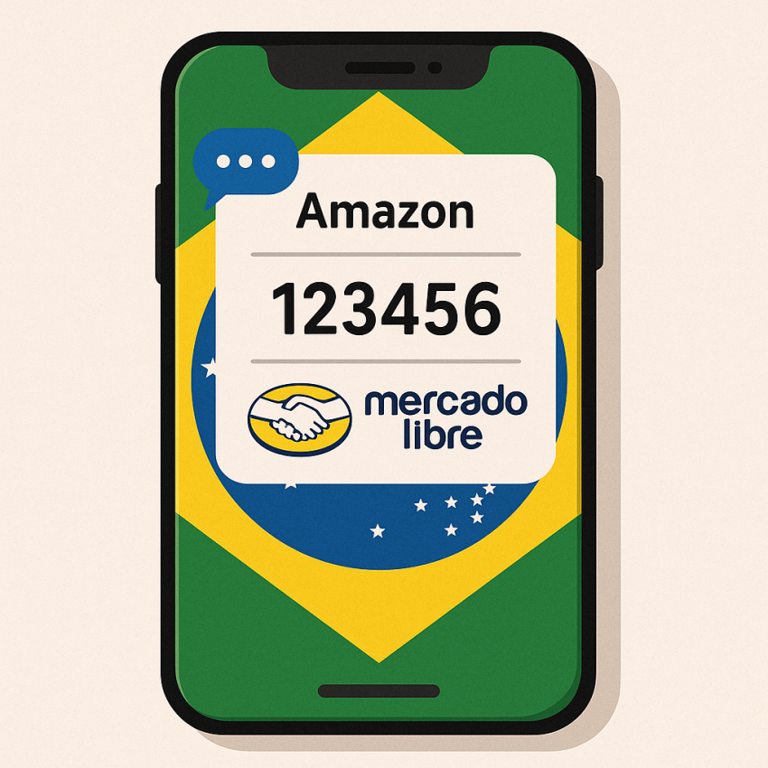 Brazil flag on smartphone screen showing OTP for Amazon and MercadoLibre verification