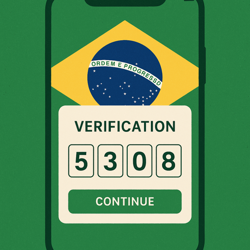 Smartphone screen with Brazil flag and OTP verification code for global account verification