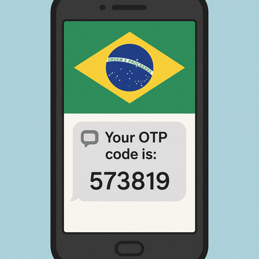 Smartphone screen showing OTP SMS with Brazilian flag background