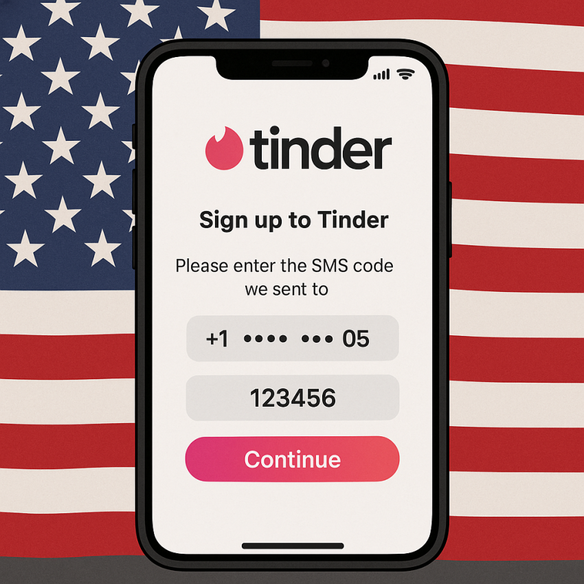 Phone screen showing Tinder signup with a US virtual number for OTP verification