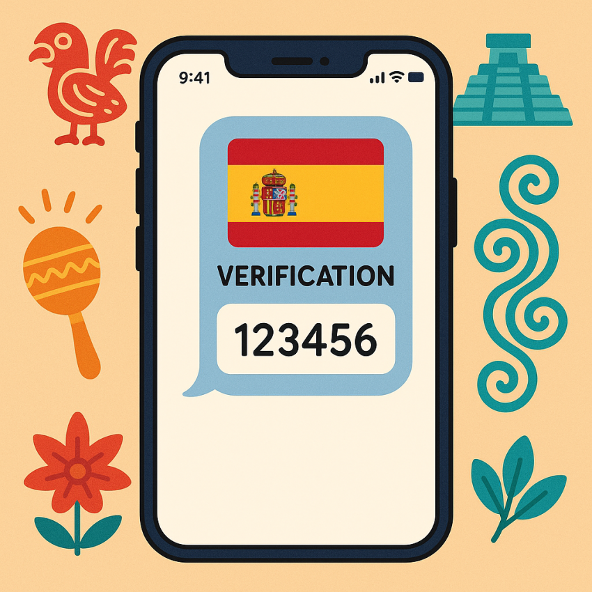 Phone screen with Spain and Latin America flags showing a verification OTP code