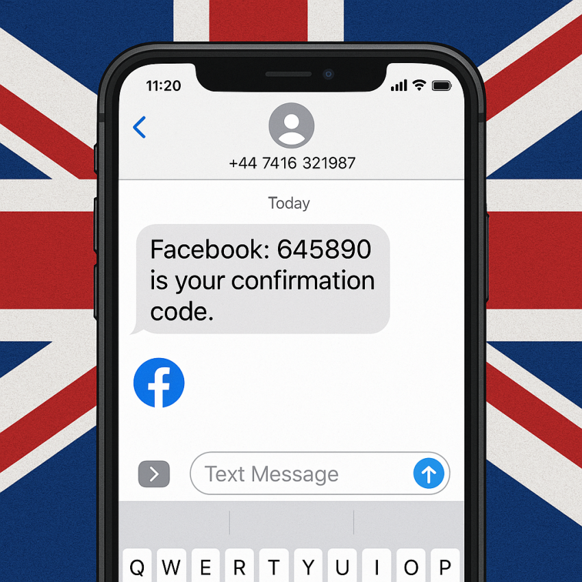 UK smartphone receiving Facebook OTP from a virtual number for Facebook SMS verification