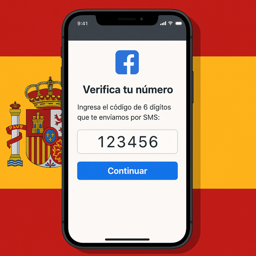Smartphone showing Facebook verification OTP with Spanish flag