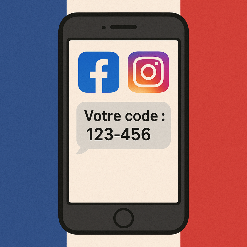 French virtual numbers for Facebook and Instagram accounts on a phone screen with French flag