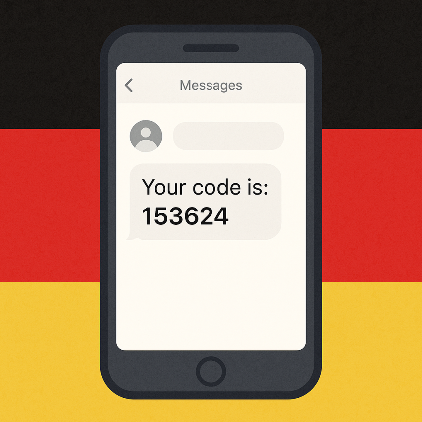 Phone screen showing a German OTP SMS with German flag for Germany SMS Online Number