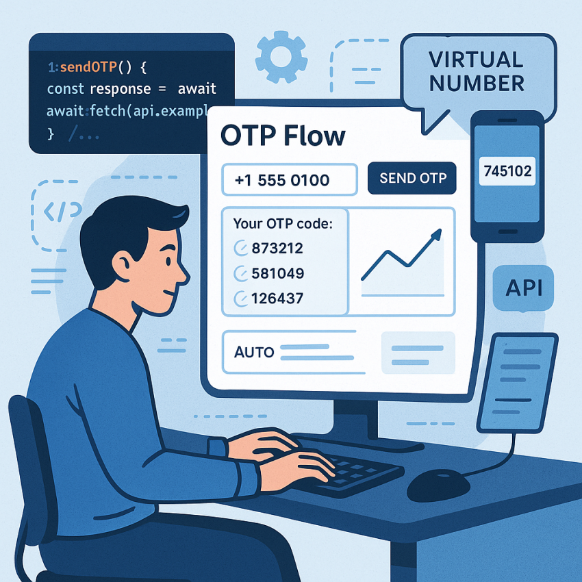 Developer testing OTP flow with virtual numbers and API dashboard