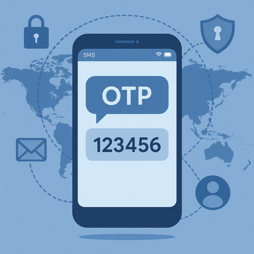 Smartphone receiving OTP SMS online with global context and privacy icons