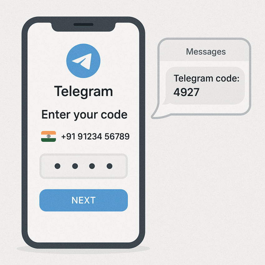 Phone screen showing Telegram verification with an Indian virtual number (OTP)