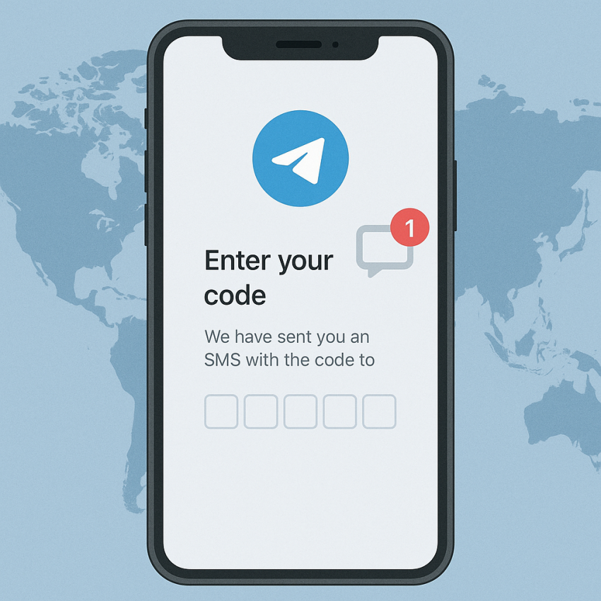 Phone screen showing Telegram verification without a personal SIM card